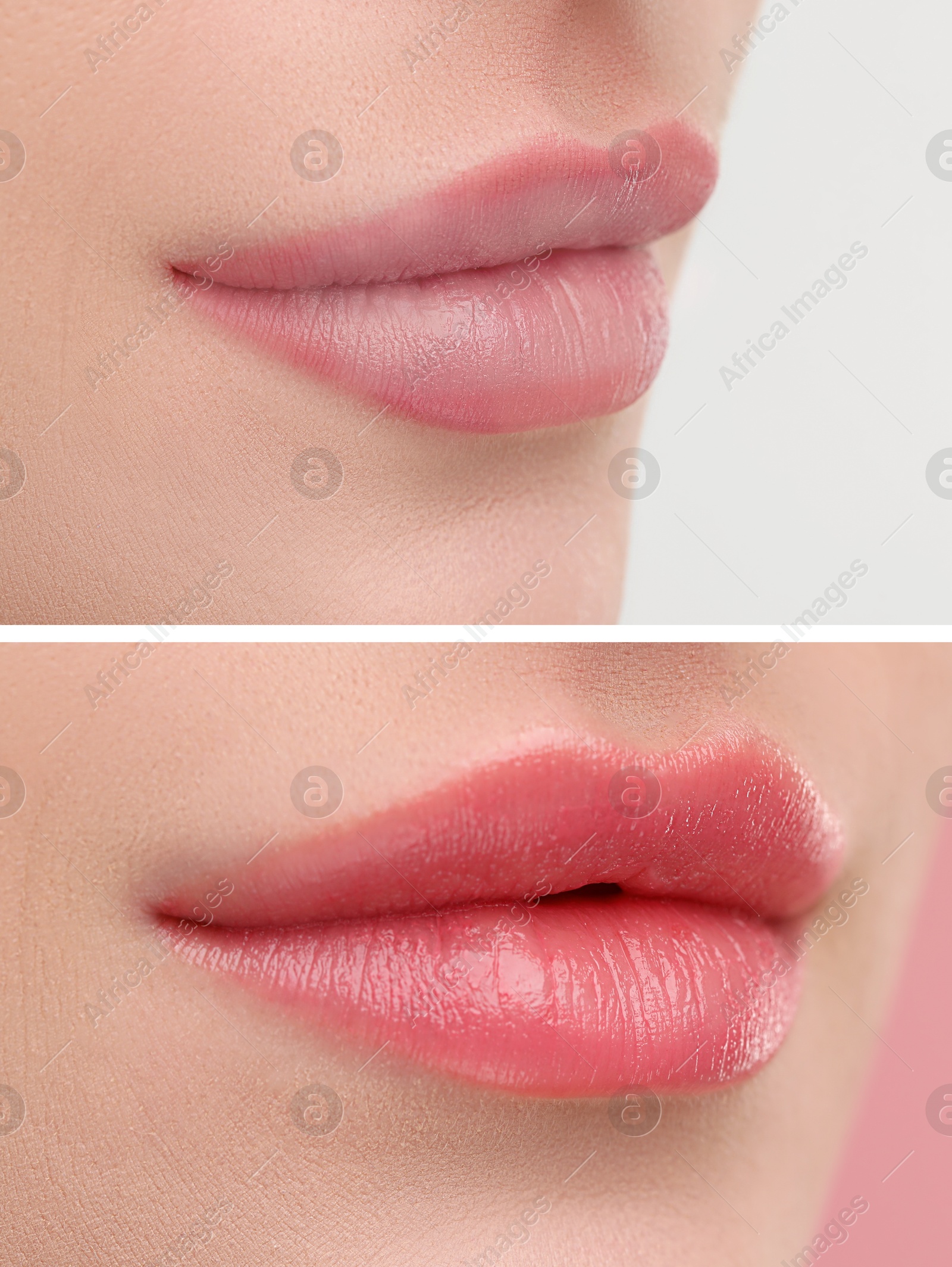 Image of Permanent makeup. Collage with photos of woman before and after lip blushing, closeup