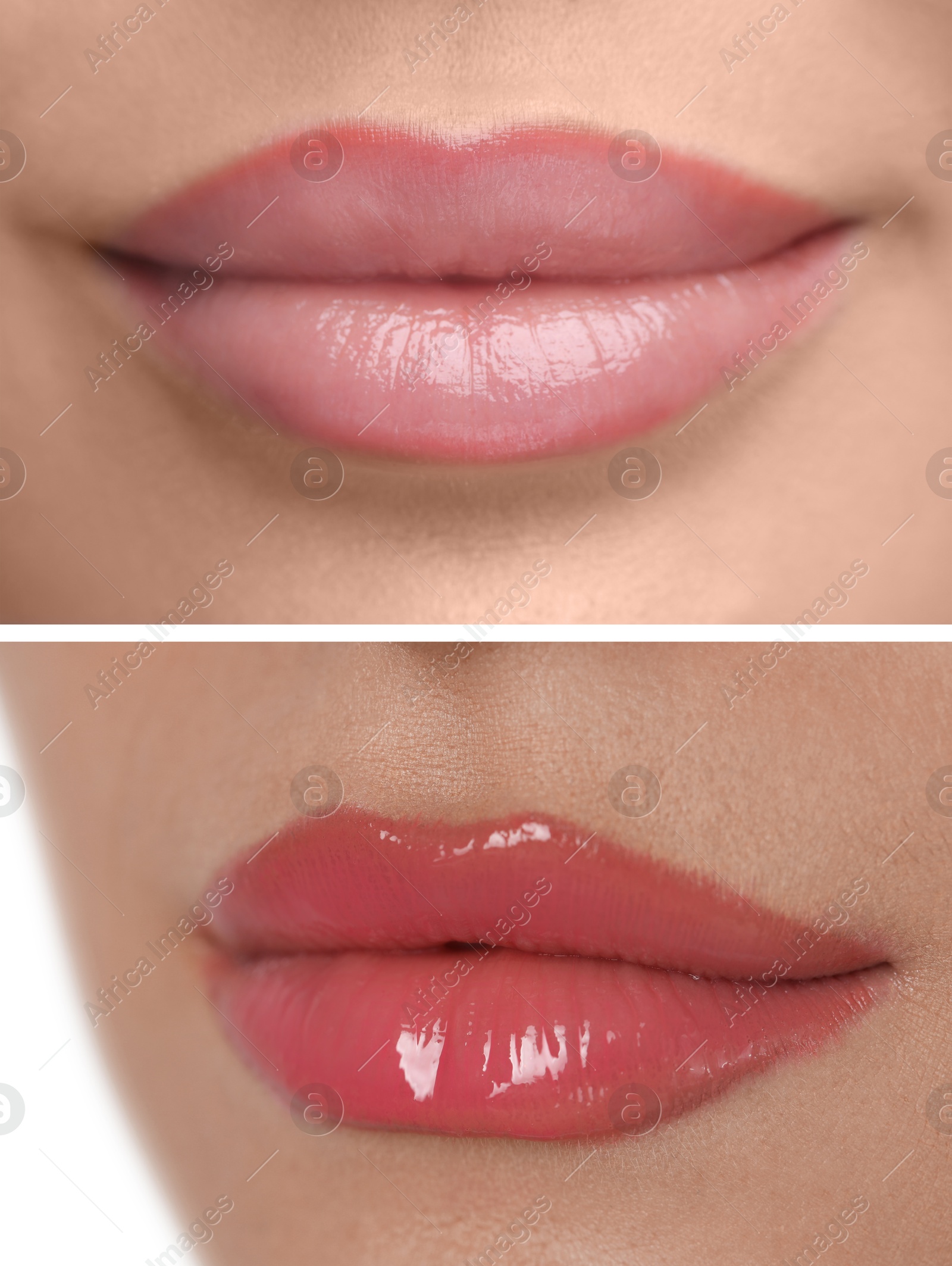 Image of Permanent makeup. Collage with photos of woman before and after lip blushing, closeup