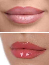 Permanent makeup. Collage with photos of woman before and after lip blushing, closeup