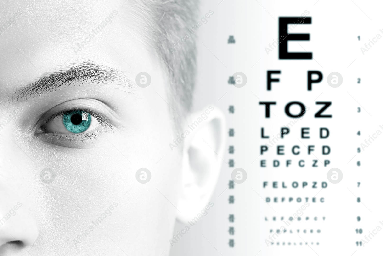 Image of Snellen chart and closeup of man's eye on white background. Color toned