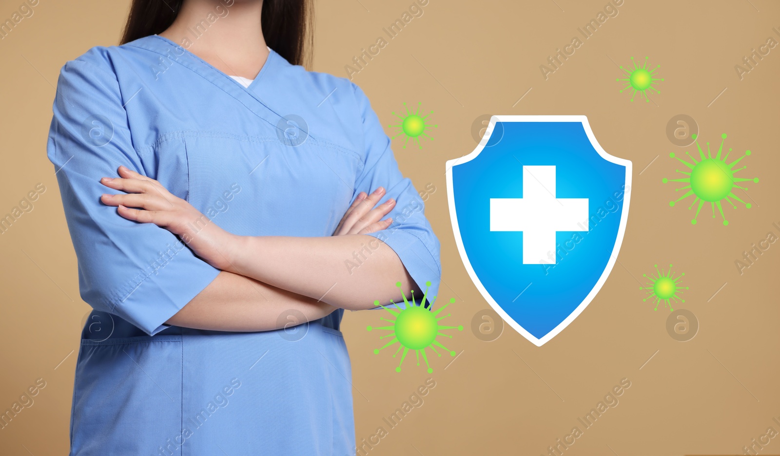 Image of Strong immunity, concept. Doctor and illustration of shield and viruses on dark beige background. Banner design