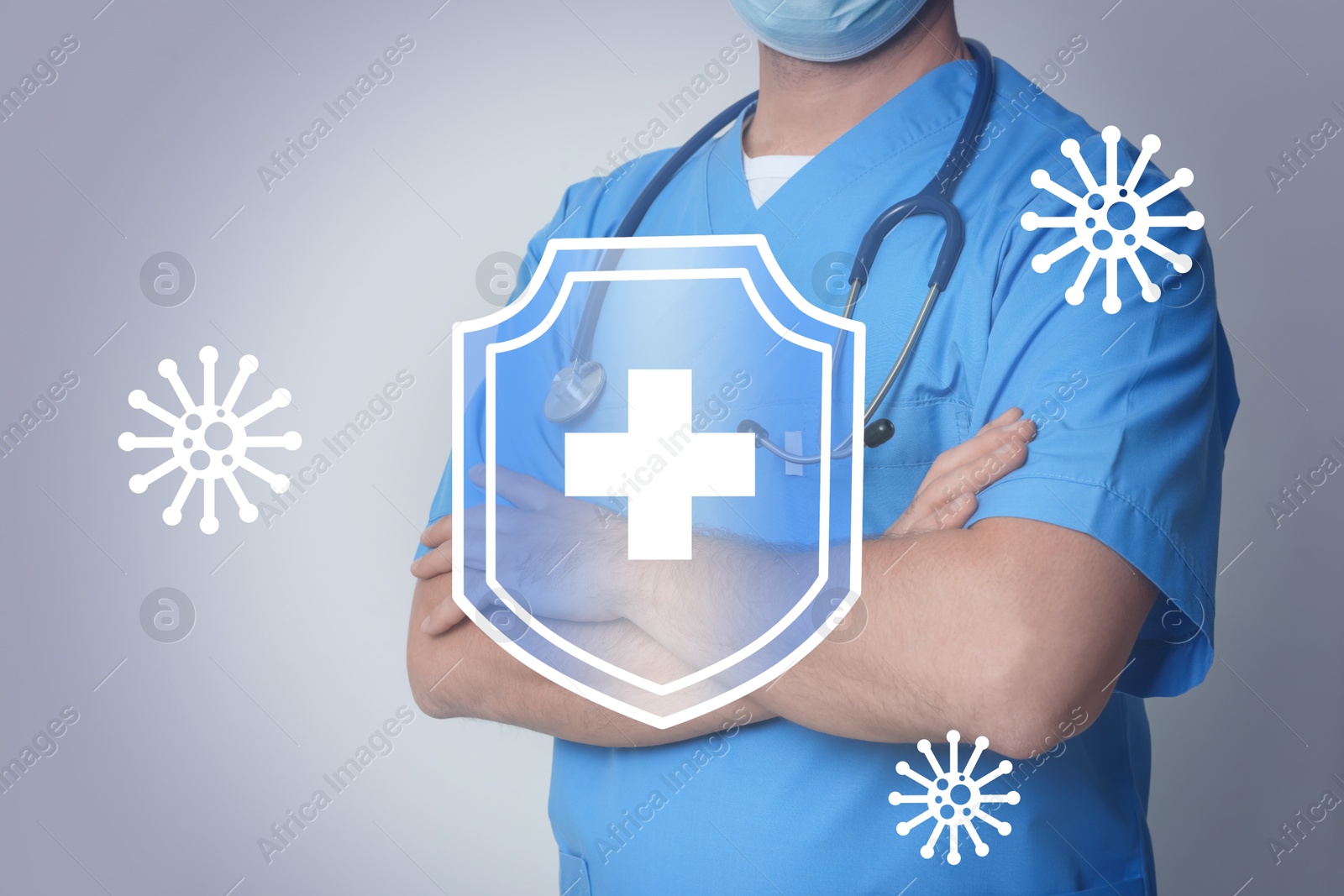 Image of Strong immunity, concept. Doctor and illustration of shield and viruses on grey background