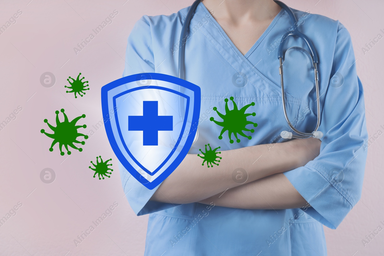 Image of Strong immunity, concept. Doctor and illustration of shield and viruses on pink background