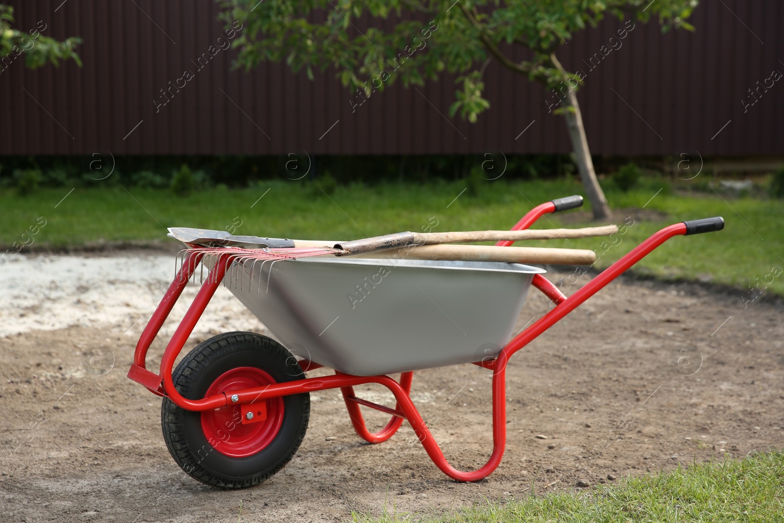 Photo of Wheelbarrow with rake and shovel outdoors. Gardening tools