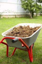 Wheelbarrow with soil on green grass outdoors, closeup