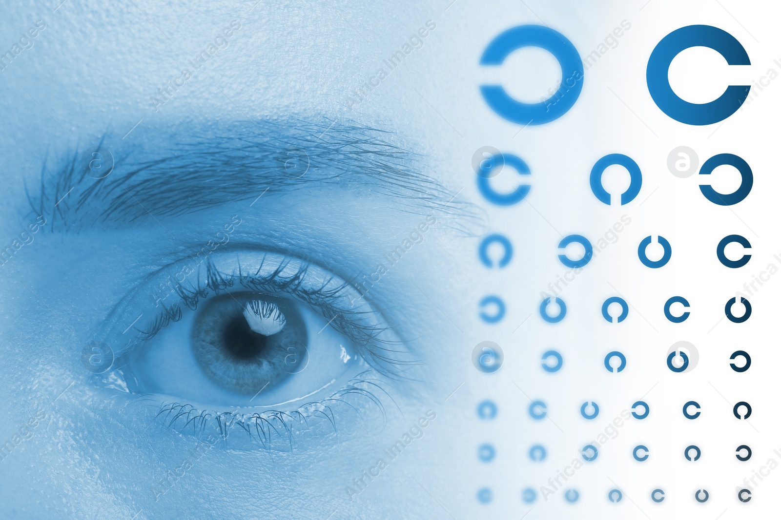 Image of Landolt ring chart and closeup of woman's eye, color toned. Vision acuity test