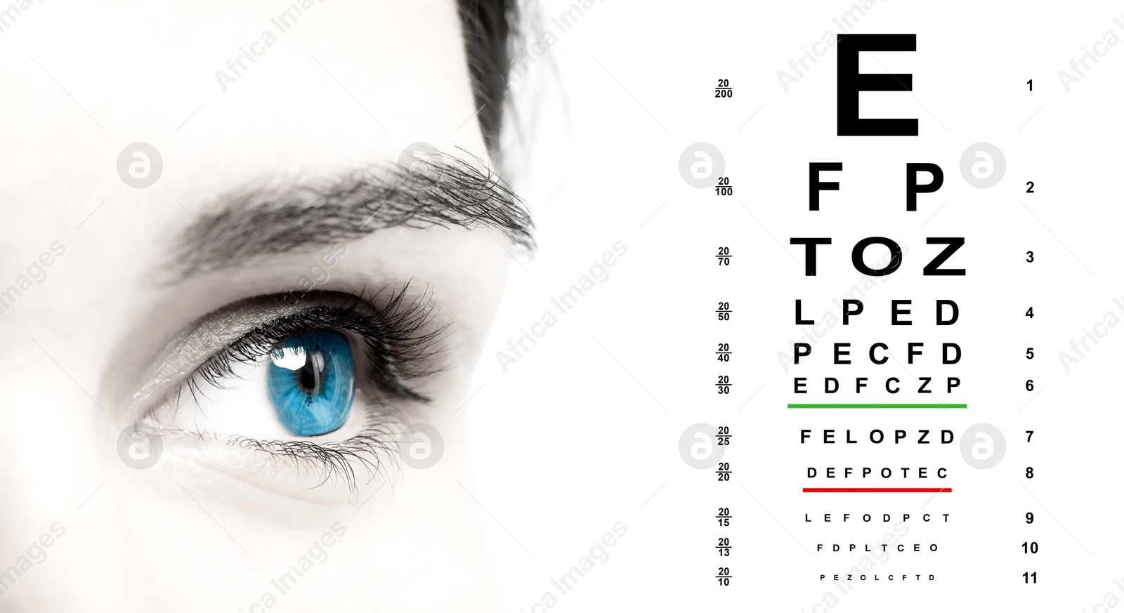 Image of Snellen chart and closeup of woman's eye on white background, banner design. Color toned