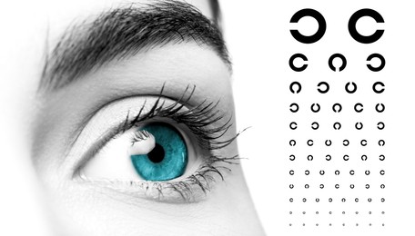 Image of Landolt ring chart and closeup of woman's eye on white background, banner design. Color toned