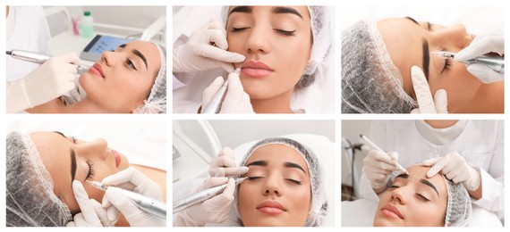 Image of Young woman getting permanent makeup on lips, eyes and eyebrows in beauty salon, collage