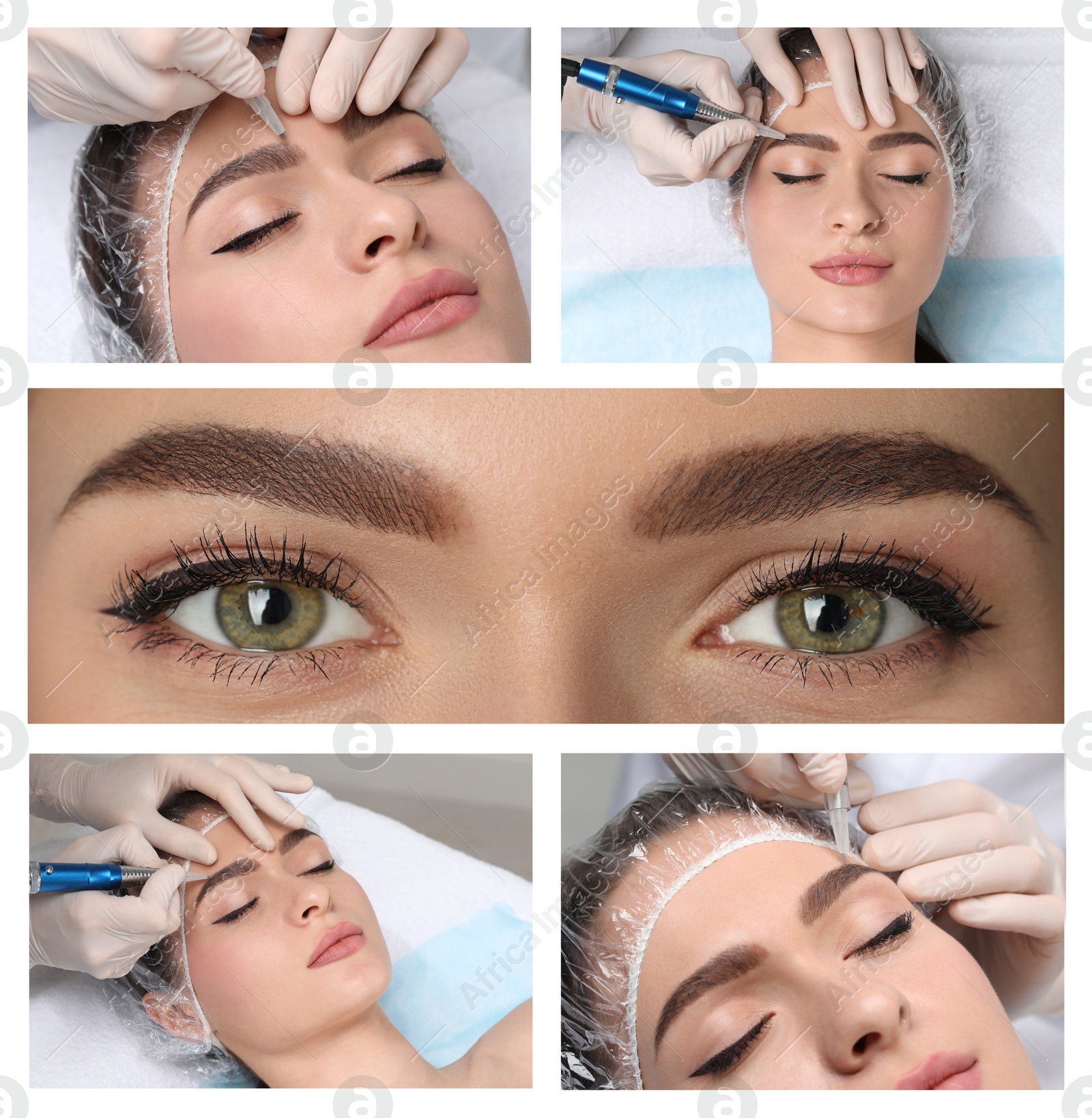 Image of Young woman getting permanent makeup on eyebrows in beauty salon, collage