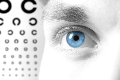 Image of Landolt ring chart and closeup of man's eye on white background. Color toned