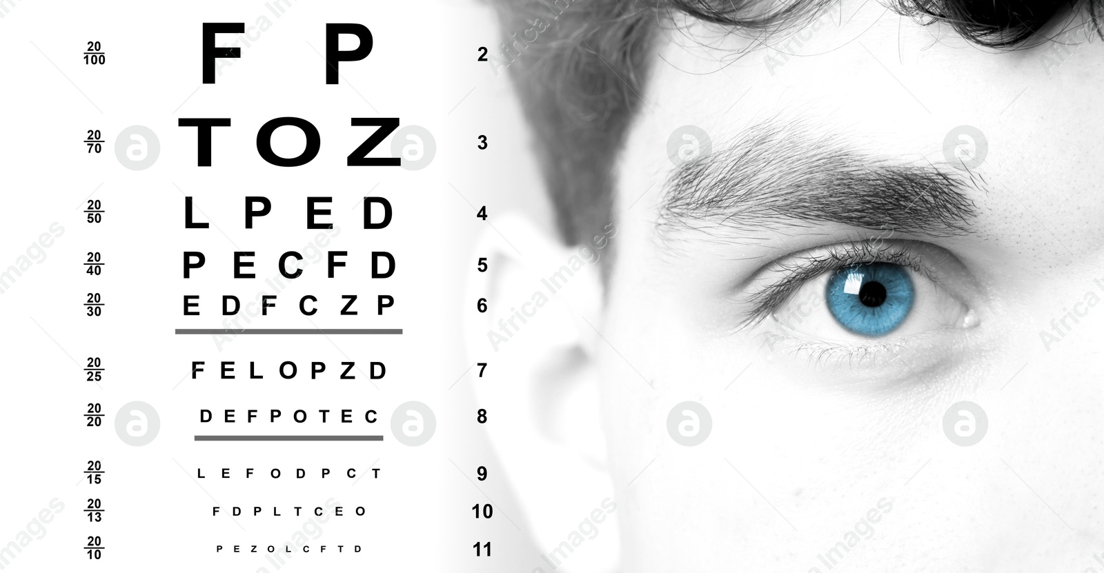 Image of Snellen chart and closeup of man's eye on white background, banner design. Color toned