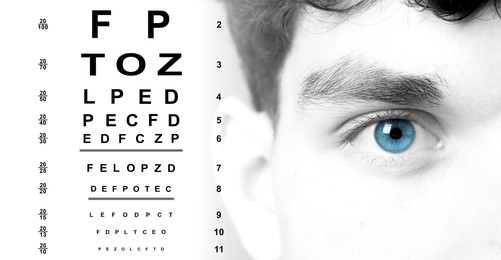 Image of Snellen chart and closeup of man's eye on white background, banner design. Color toned