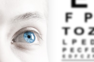 Image of Snellen chart and closeup of man's eye on white background. Color toned