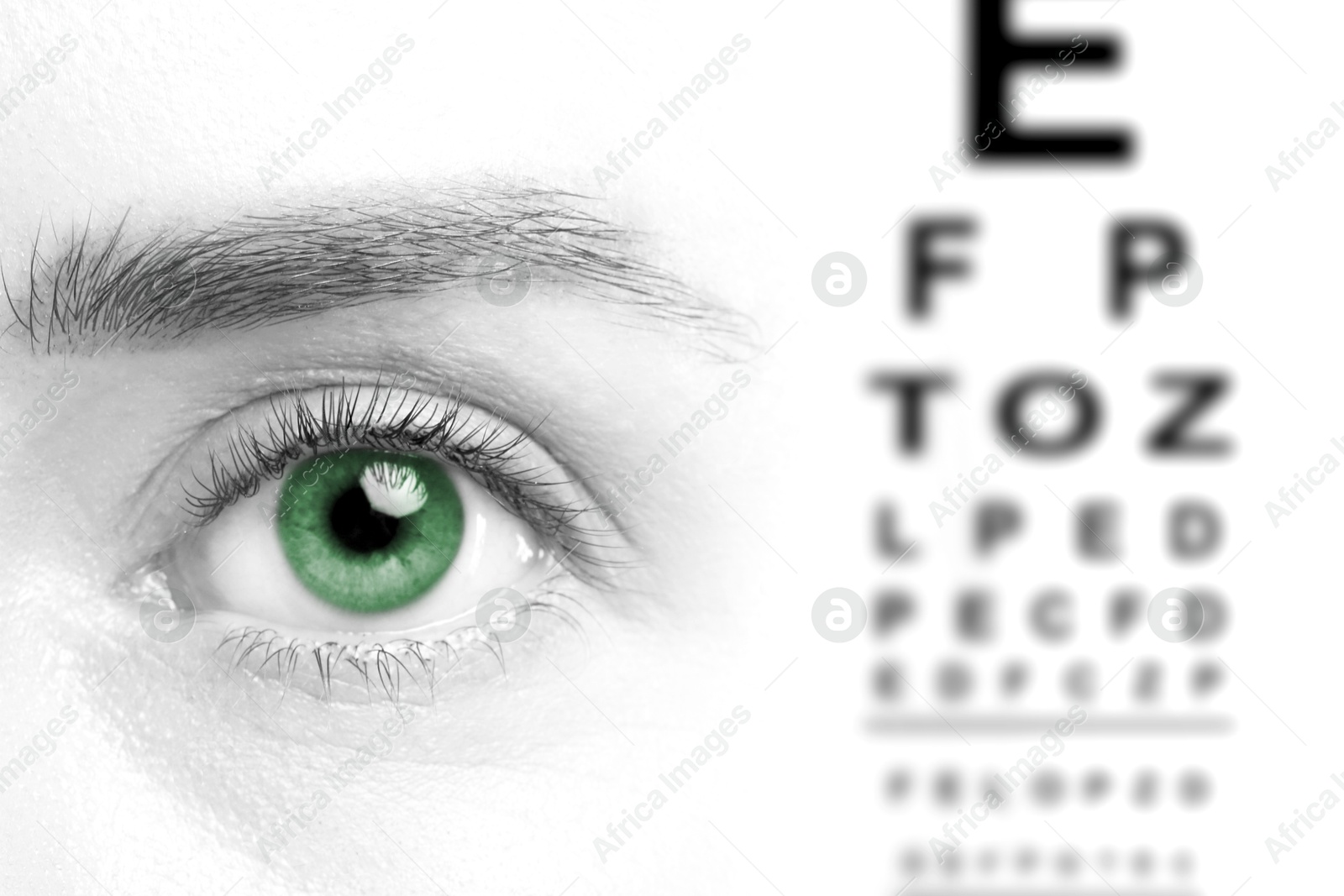 Image of Snellen chart and closeup of woman's eye on white background. Color toned