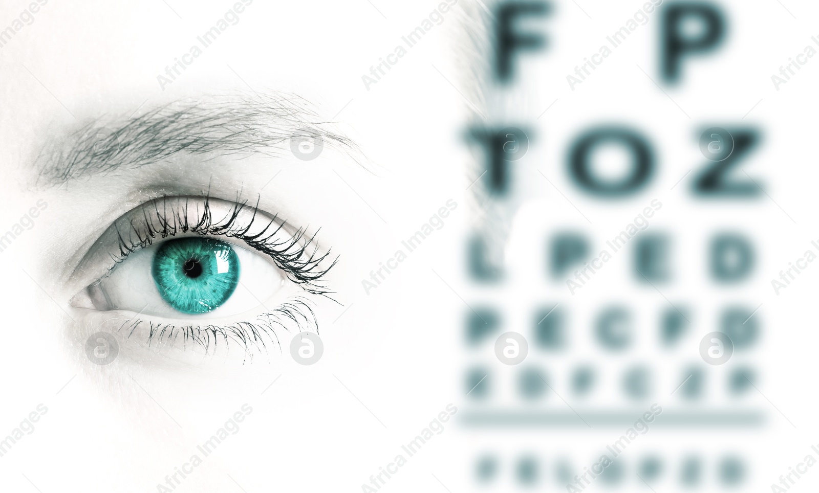 Image of Snellen chart and closeup of woman's eye on white background. Color toned