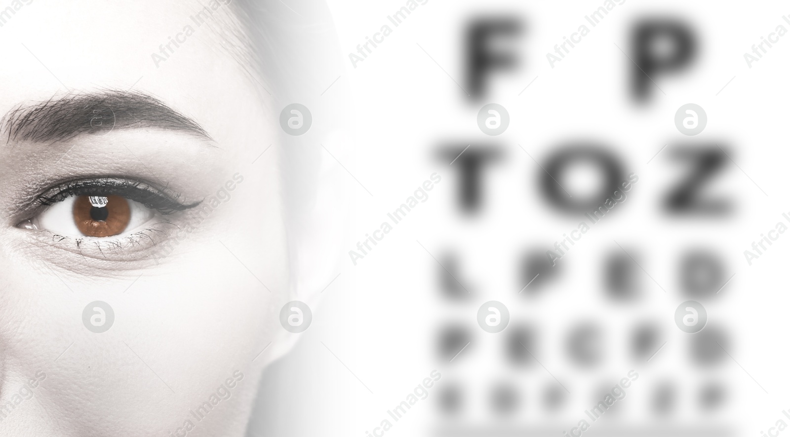 Image of Snellen chart and closeup of woman's eye on white background, banner design. Color toned