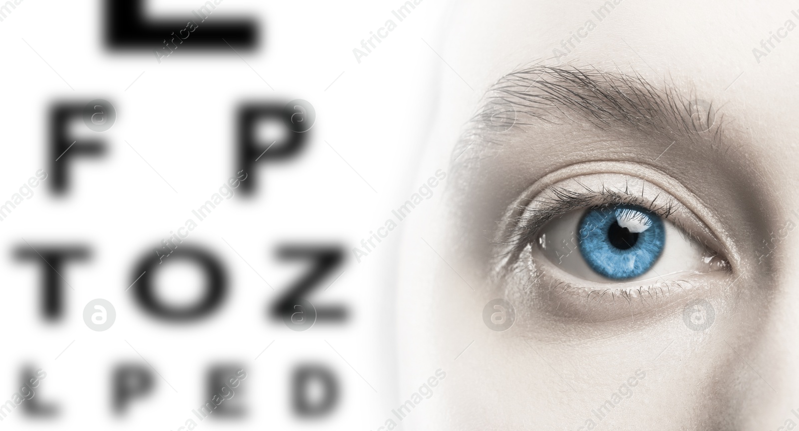 Image of Snellen chart and closeup of woman's eye on white background, banner design. Color toned