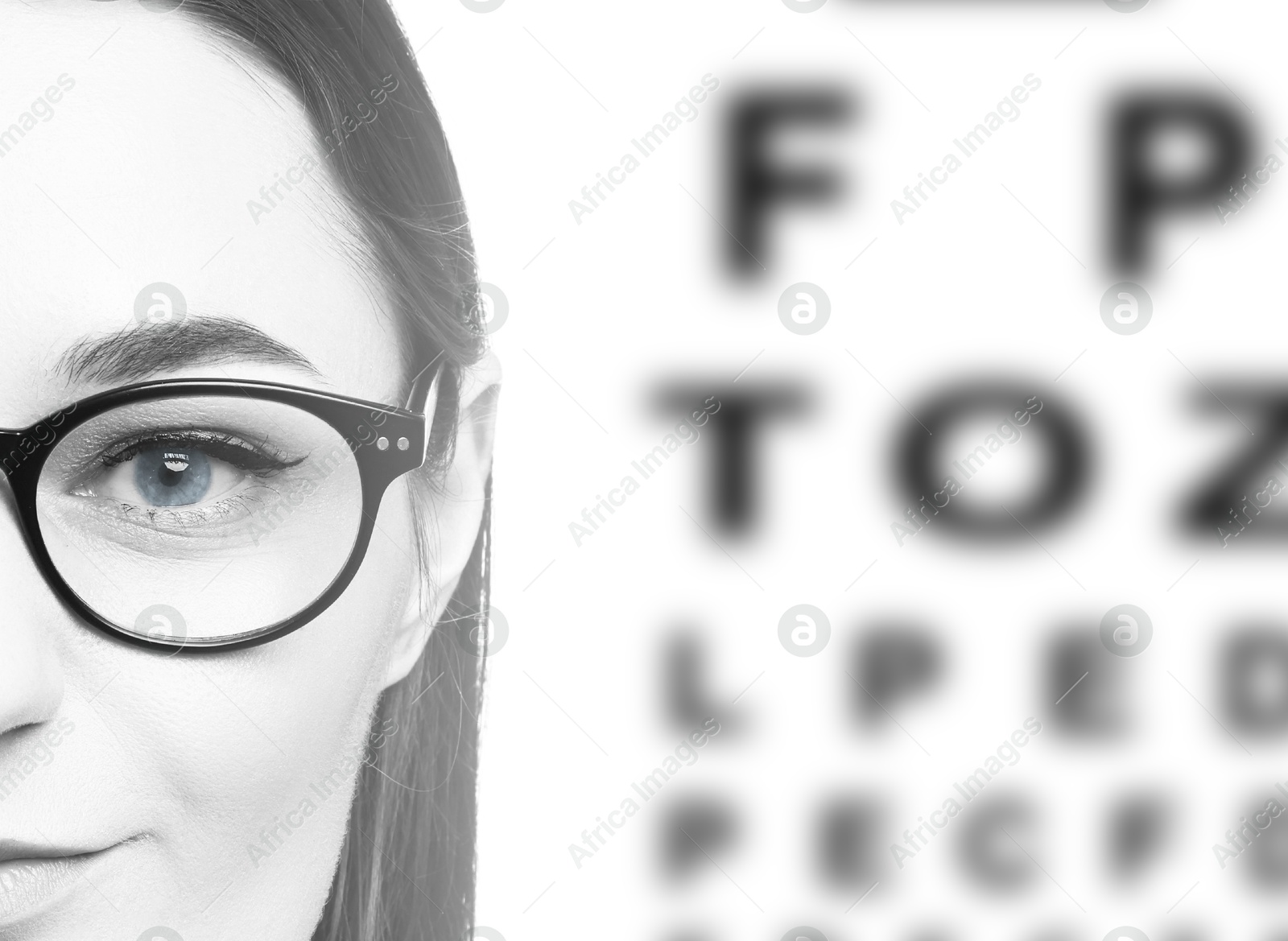 Image of Snellen eye chart and closeup of woman's face on white background. Color toned