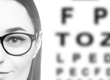 Image of Snellen eye chart and closeup of woman's face on white background. Color toned