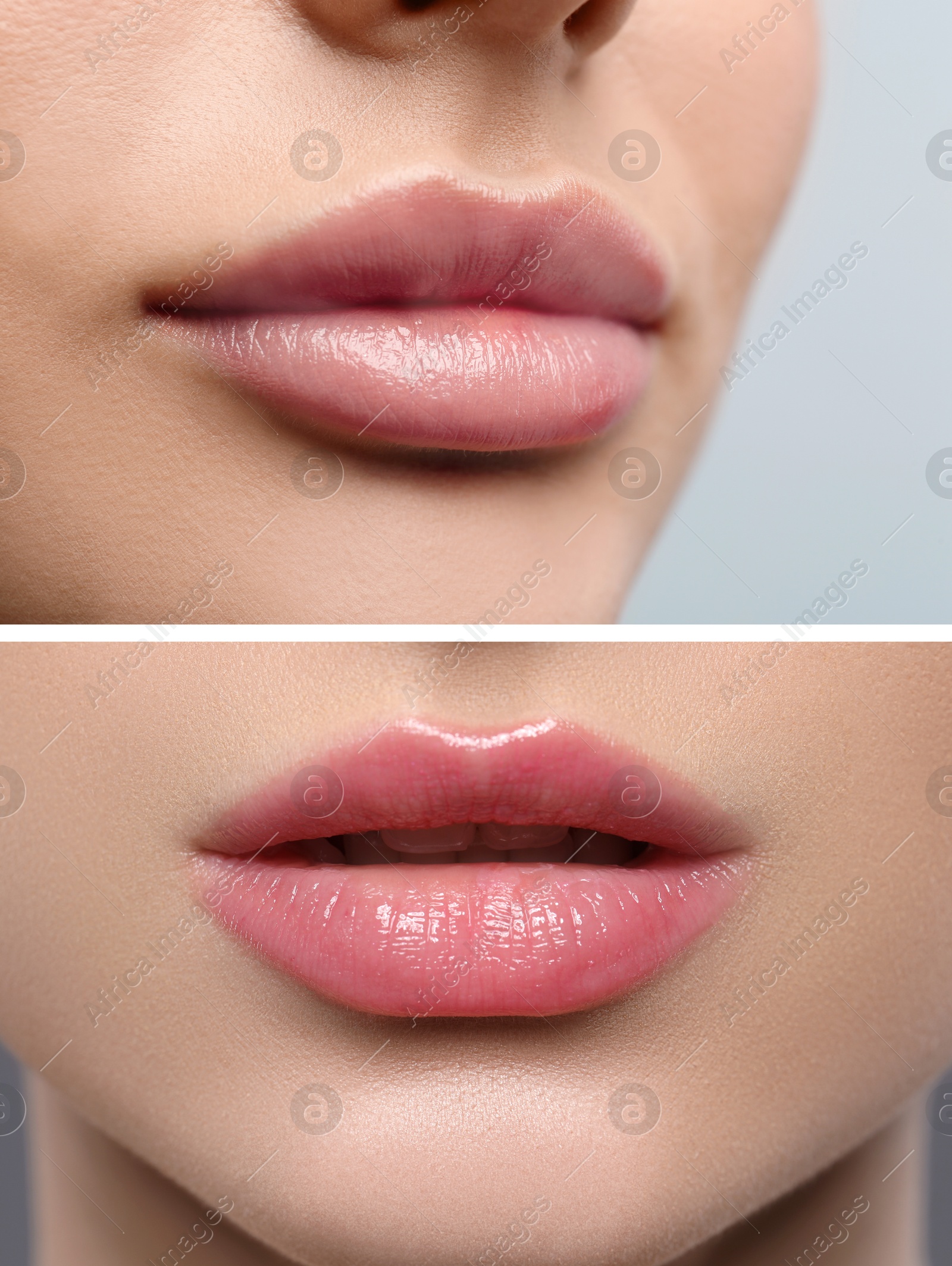 Image of Permanent makeup. Collage with photos of woman before and after lip blushing, closeup