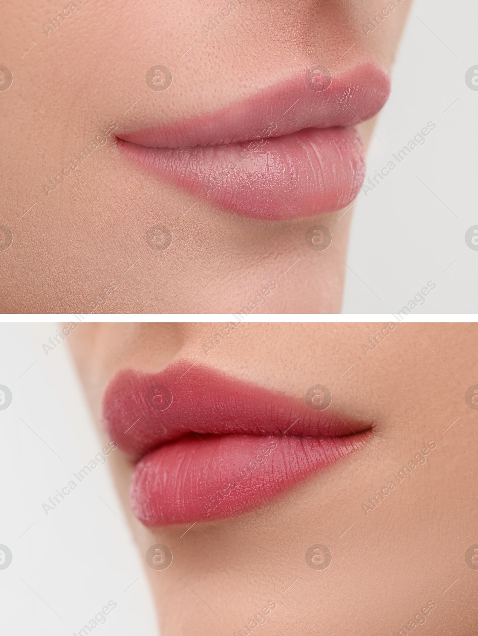 Image of Permanent makeup. Collage with photos of woman before and after lip blushing, closeup