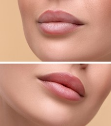 Image of Permanent makeup. Collage with photos of woman before and after lip blushing on beige background, closeup
