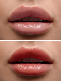 Permanent makeup. Collage with photos of woman before and after lip blushing, closeup
