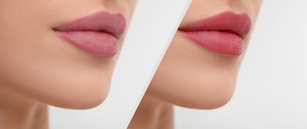 Permanent makeup. Collage with photos of woman before and after lip blushing on white background, closeup