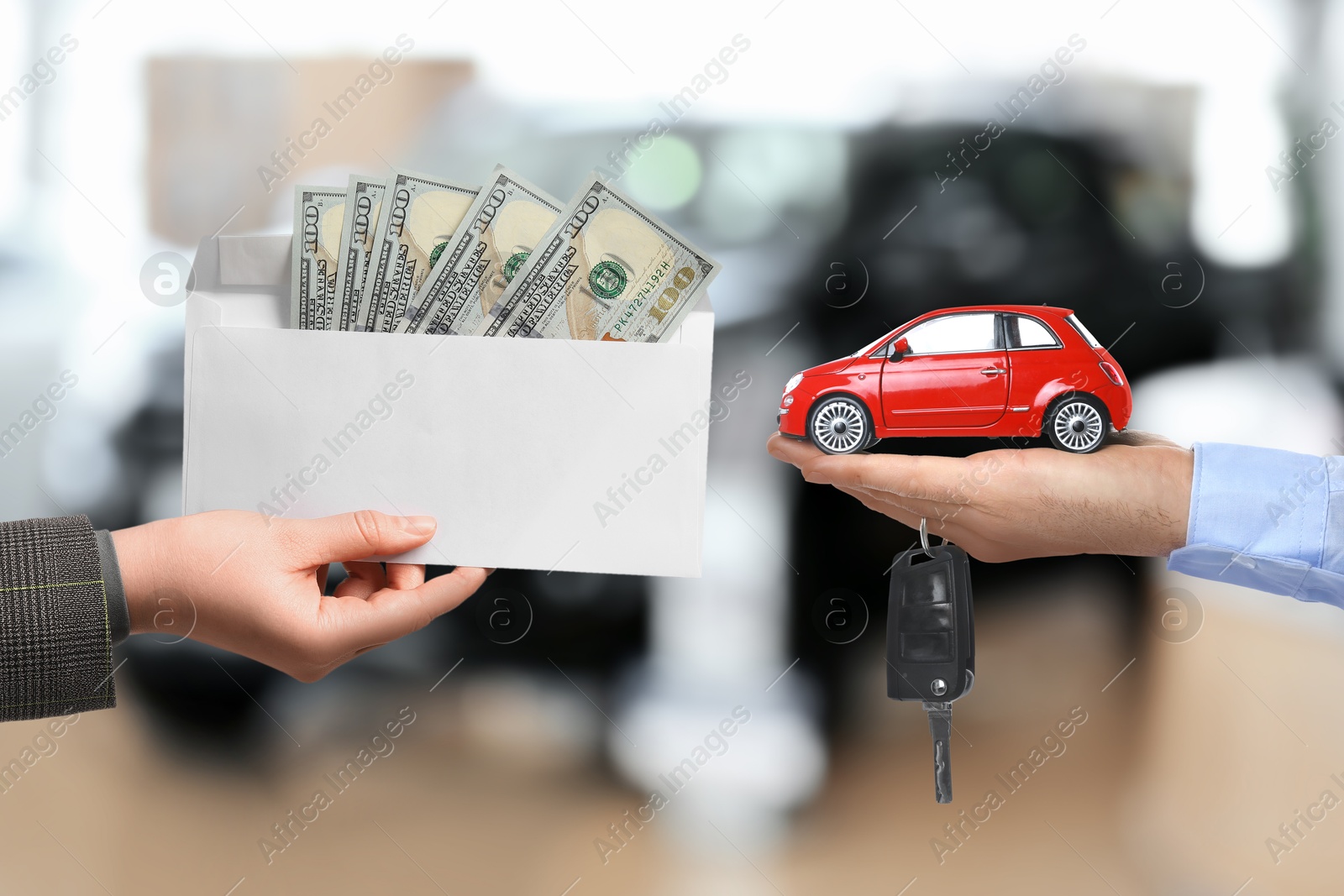 Image of Woman giving money to seller in exchange for car key in shop, closeup. Buying auto