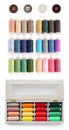 Image of Buttons and threads isolated on white, set. Sewing stuff