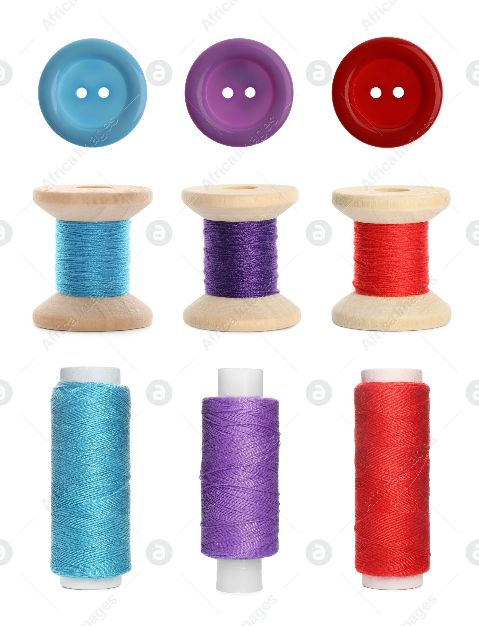 Image of Buttons and threads isolated on white, set. Sewing stuff