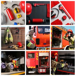 Image of Collage with fire extinguishers, firefighter and firetruck