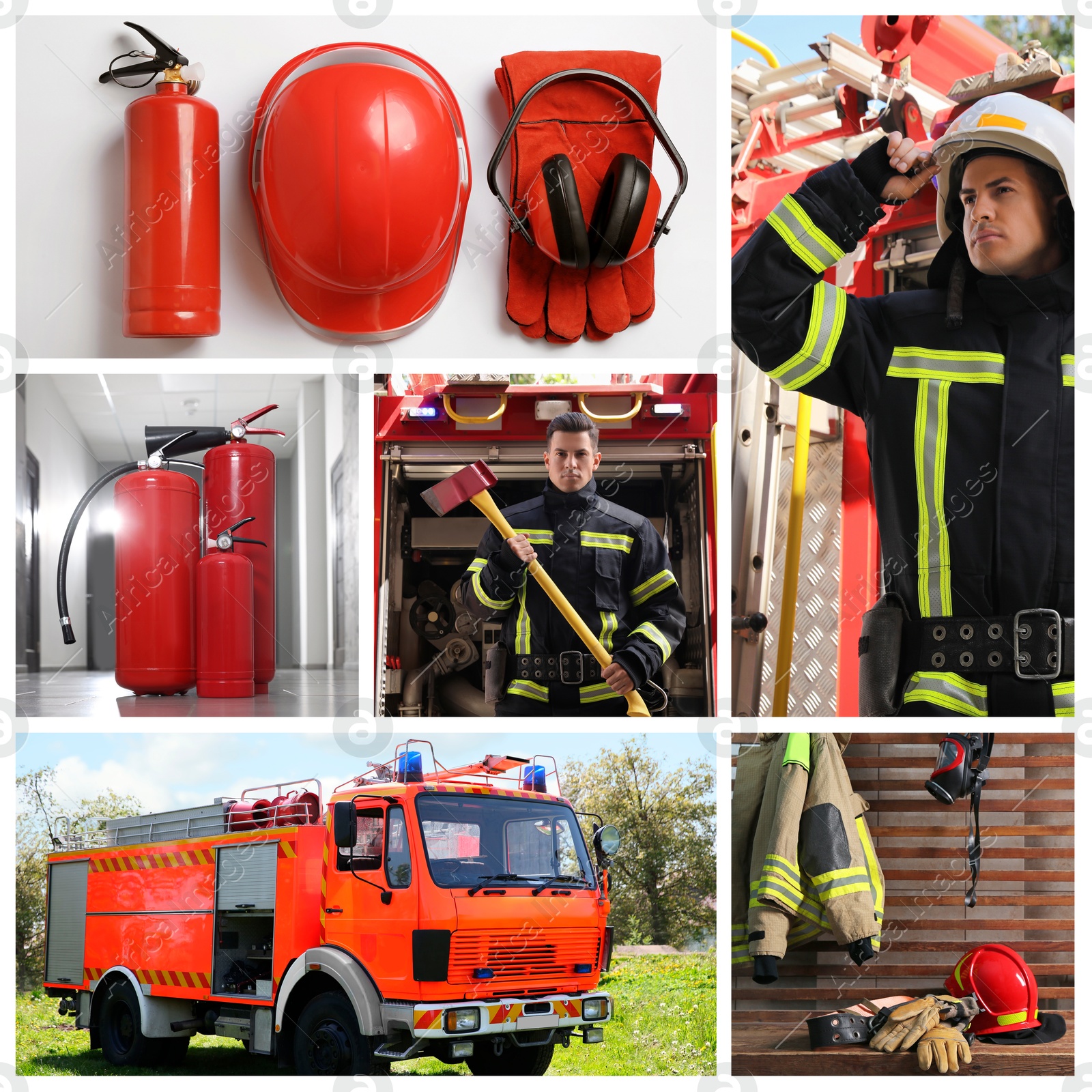 Image of Collage with fire extinguishers, firefighter and firetruck