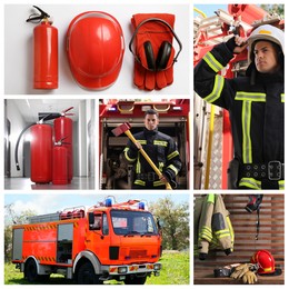 Collage with fire extinguishers, firefighter and firetruck