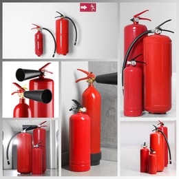 Image of Collage with red fire extinguishers. Safety precautions