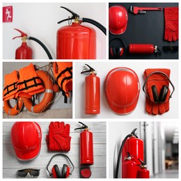 Collage with fire extinguishers and other fire fighting equipment