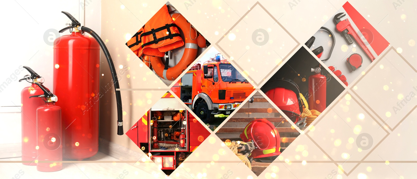 Image of Collage with fire extinguishers, fire truck and other fire fighting equipment. Banner design