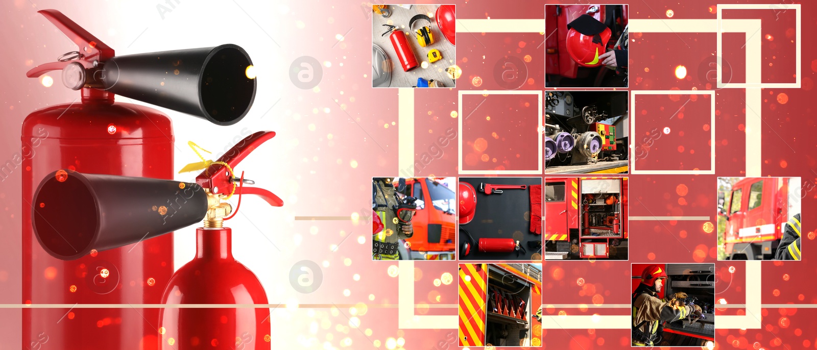 Image of Collage with fire extinguishers, firefighter and firetruck. Banner design