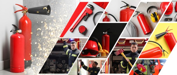 Image of Collage with fire extinguishers, firefighter and firetruck. Banner design