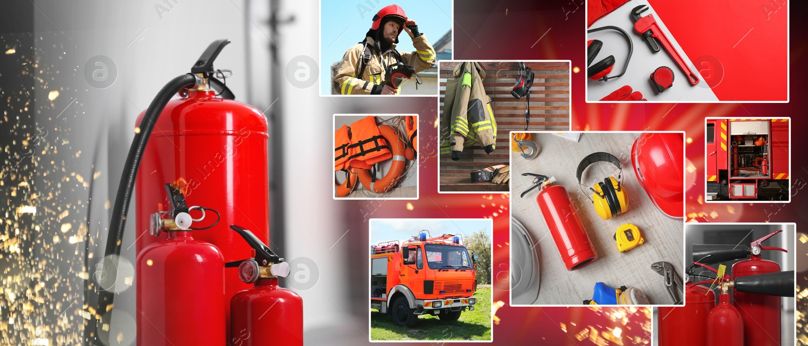 Image of Collage with fire extinguishers, firefighter and firetruck. Banner design