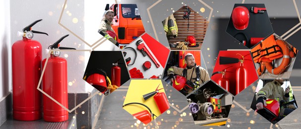 Image of Collage with fire extinguishers, firefighter and firetruck. Banner design