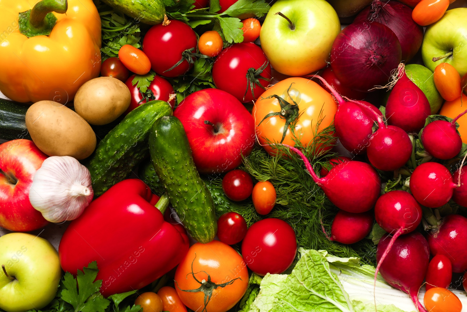 Photo of Different vegetarian products as background, top view