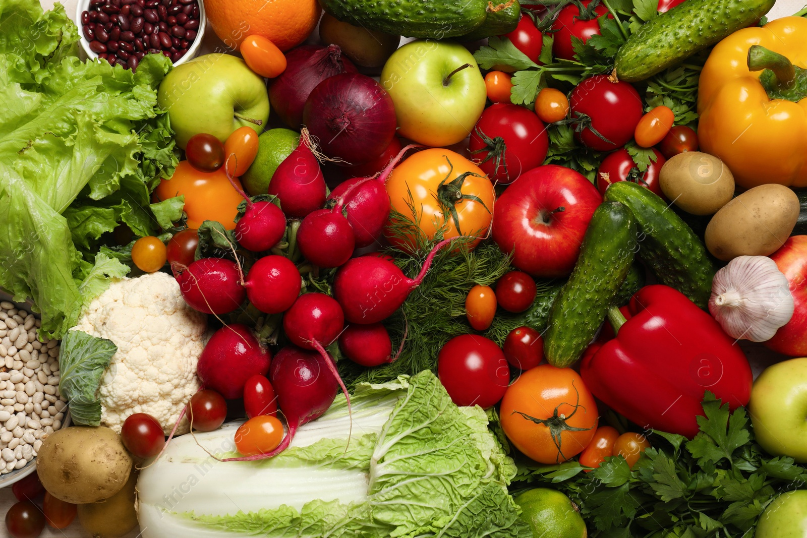 Photo of Different vegetarian products as background, top view