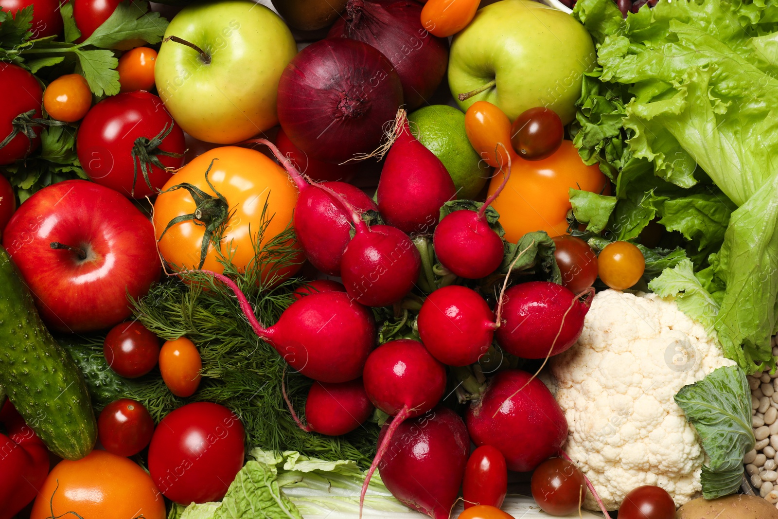 Photo of Different vegetarian products as background, top view