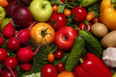 Photo of Different vegetarian products as background, top view