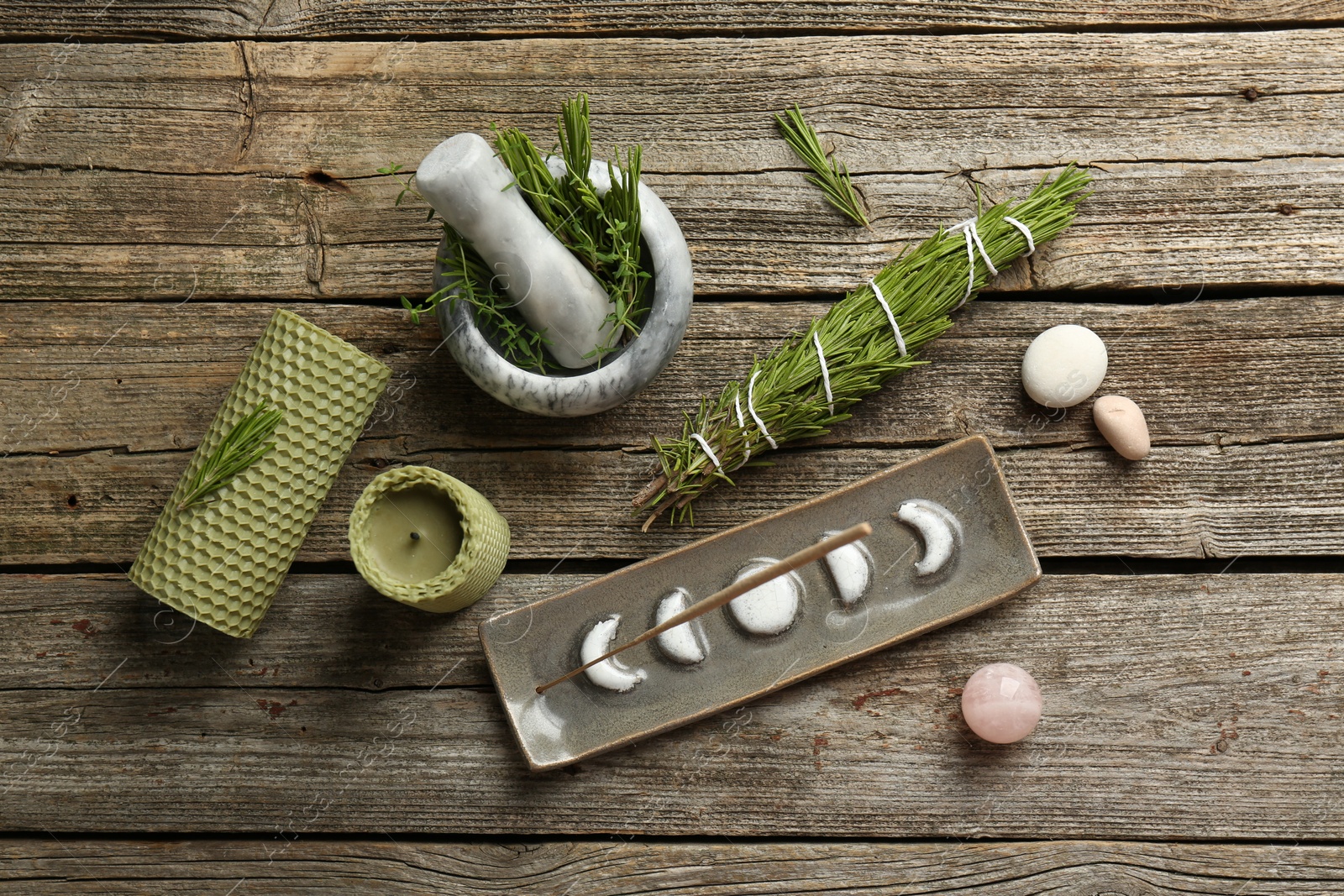 Photo of Flat lay composition with incense stick in holder on wooden table