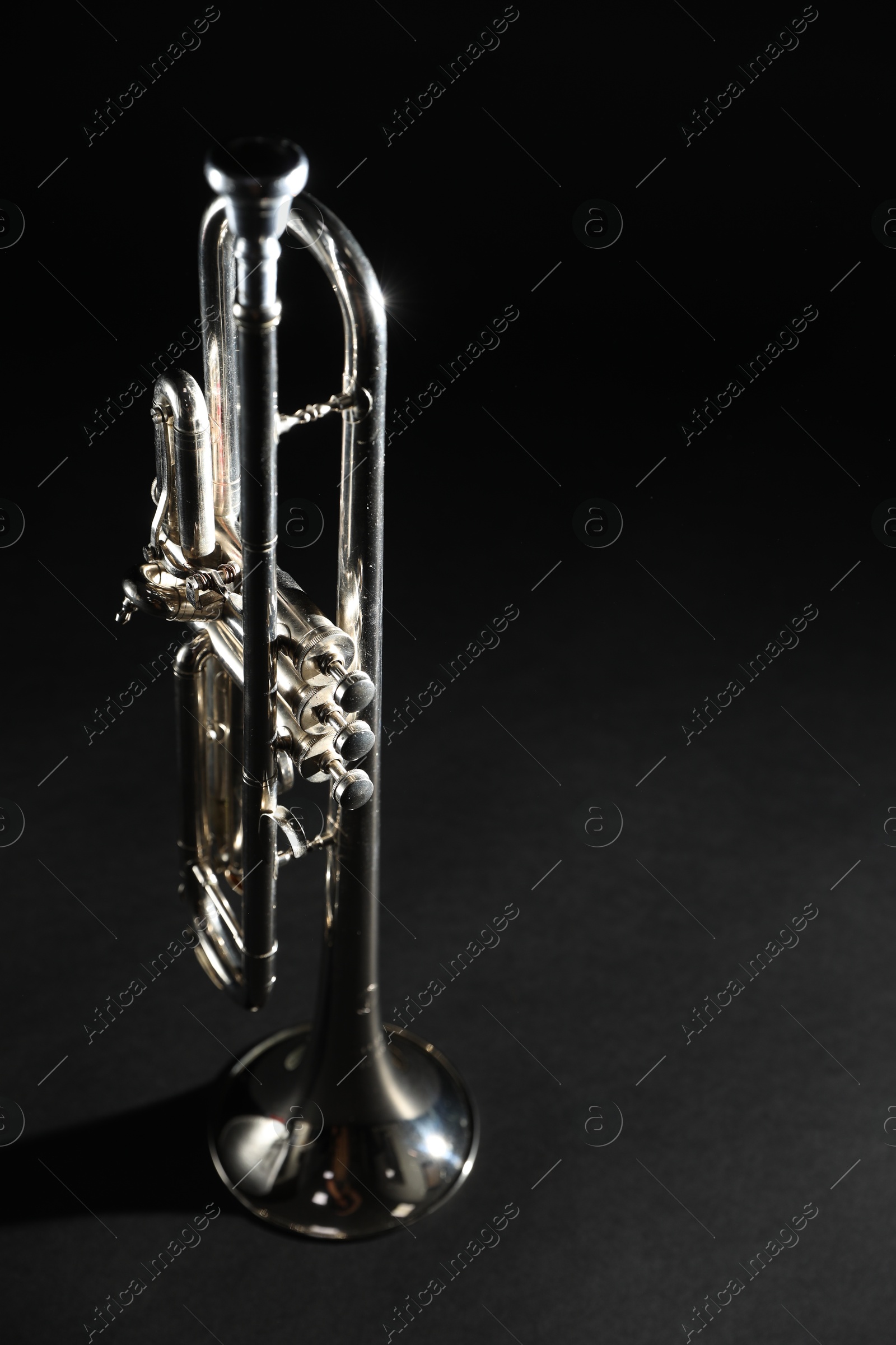 Photo of Shiny trumpet on dark background. Wind musical instrument
