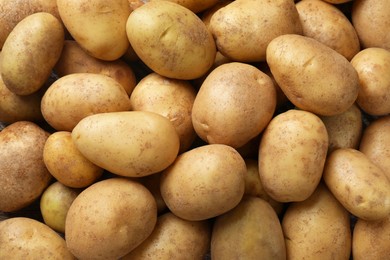 Photo of Many fresh potatoes as background, top view