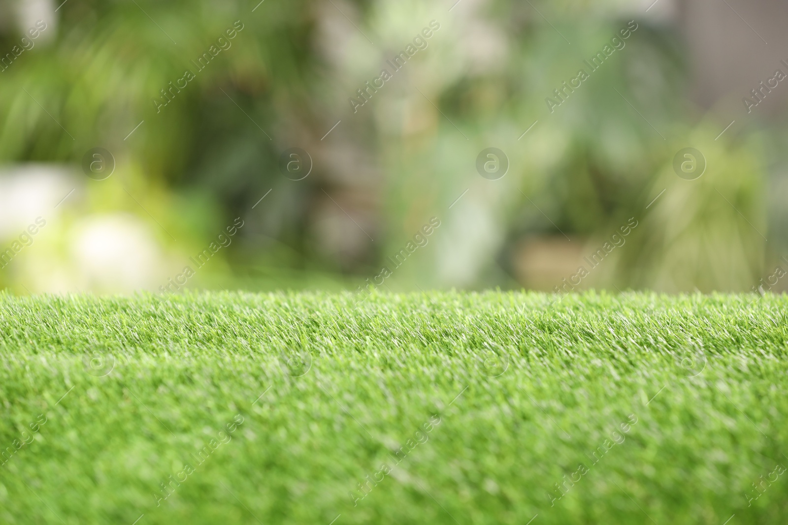 Photo of Green artificial grass against blurred background, closeup